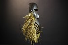 African Grebo Mask Tribal Hand Carved Wood Wall Art With Raffia Vintage-g4805