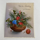 Vintage Mid Century Christmas Greeting Card Glitter Bowl With Ornaments Norcross
