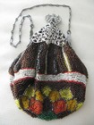 Antique Victorian Silver Filigree Frame Brown Multi Floral Bead Puffy Purse