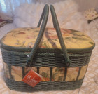 Vtg Sewing Basket Woven Rattan  floral Fabric Rattan Handle St Jane Collection