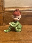 Vintage Girl Pixie Elf Figurine Green Ceramic W  Red Hair Mid-century