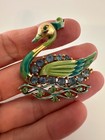 Vtg Swan Brooch Blue Rhinestones Green Gold Tone Pin Stunning