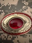 Vintage Western Oval Belt Buckle With Red Center Stone And Ornate Silver Tone Bo