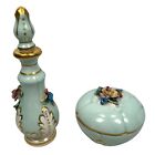 Vintage Limoges Porcelain Majolica Vanity Perfume Decanter   Powder Box Set Of 2