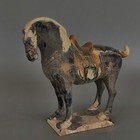 Chinese Tang Tri-color Glazed Ceramics Black War Horse Porcelain Statue 8 3 Inch