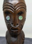 Vintage New Zealand Maori Tiki Hand Carved Figure Wood Paua Shell Eyes 11 