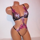 Victoria Secret Lingerie Teddy One Piece Bodysuit Black Pink Applique Floral New
