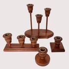 Set Of Vintage Wooden Brass Candle Holders Assorted Elegant Mcm Candelabras