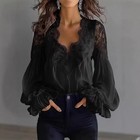 Lace Deep V-neck Long Puff Sleeve Women Patchwork Blouse Shirts Sexy Lady Tops