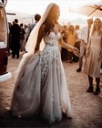 Vintage Bohemian Wedding Dress Beaded Applique Lace Sweeping Train Bridal Gown