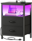 Night Stand With Charger Station And Led Lights  2 Drawer Nightstand  Bed Sid   