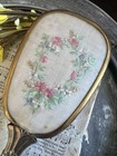 Vintage Victorian Gold Tone Hair Brush With Embroidered Floral Backing