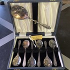 Elegant Antique Silver Plate Engraved Dessert Spoons And Serving Spoon Boxed Set
