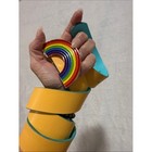 Yellow Blue Reversible Belt With Rainbow Enamel   Gold Circle Buckles Adjustable