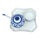 Blue White Porcelain Condiment Server Set Thai Style Sauce Dish Spoon Tray