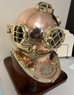 Mark V Us Navy Full Size Copper And Brass Diving Helmet With Wooden Base Design