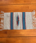 Vtg Wool Hand Woven Chimayo Table Runner Mat 15    X 9 5    Fringed Gray   Turquoise