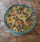 Vintage Retro Floral Large Mcm Round Wig Hat Travel Case Box Zippered Blue Brown