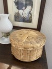 Vintage Footed Basket With Lid Wicker Rattan Round Lidded Basket