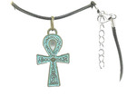 New  3- D Egyptian Ankh With Glyphs Bronze-tone W  Patina Pendant Black Necklace