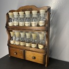 Vintage 11x14 Wooden Wall Spice Rack Glass Apothecary Jars Drawer Made In Japan