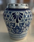 Vtg Talavera Blue   White Hand Painted Pottery Jar Silver Rim Puebla Mexico Imp