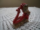 Vintage Mid Century Kitschy Pixie Elf Gnome Red Suit Laying On Log Japan
