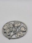 Vintage Canadian Pewter Floral Rose Brooch Pin Openwork Oval Silver Tone