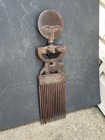 Vintage Akan  ghana  African Tribal Art Comb - Hand Carved Wood   Brass - 18 