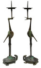 Antique Japanese Bronze Turtle Crane Candle Holder Metal Sculpture Statue Patina