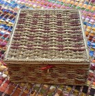 Vintage Wicker Woven Sewing Basket Box Red Satin Quilted With Notions Japan 