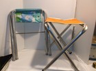 Vintage Small Vinyl Deck Folding Chairs N backs Turquoise Orange - Lot Of 2