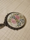 Vintage Small Miniature Floral Porcelain Hand Held Mirror Silver Tone 4 Inch