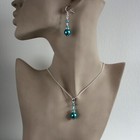 Teal Green Blue Pearls Silver Rhinestones Necklace Earrings Wedding Jewelry Set