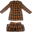 Vintage 80s 90s Tweed Plaid Skirt Suit Set Womens M Orange Black Collarless