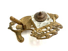 Vintage Ornate Solid Brass Footed Inkwell With Glass Pot Art Nouveau Victorian