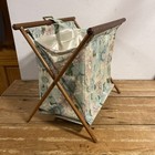 Vtg Knitting Sewing Caddy Basket Folding Wood Frame W blue Floral Flowers Knit
