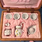 Vintage Kid   s Porcelain Tea Set In Wicker Basket  Lemon Diamond Fruit 