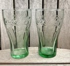2-vintage Libbey Green Pressed Glass 6  Tall Coca Cola Coke 16 Oz  Glasses Euc
