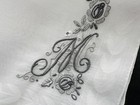 A  Vintage White Hankie Madeira Hand Embroidered Gray Monogram M Wedding Bride