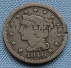 1846 Braided Hair Liberty Head Large Cent - Counterstamped J T Phen  1c Penny 