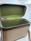 Vintage 1970s Camera Bag Woven Canvas  Leather Shoulder Case Green Felt Interior