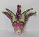 Venetian Jester Mask Mardi Gras Wall Hanging Decorative Pink Gold Glitter Bells