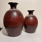 Pair Vintage Mid Century Studio Pottery Vases - Red Sgraffito Spiral Design Mcm
