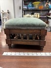 Antique Victorian Spindle Footstool 12    Wood Upholstered Bench 1900s