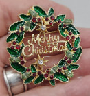 Merry Christmas Brooch Pin Crystal Rhinestones Red Green Enamel  Gold Tone