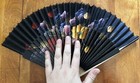 Hand Folding Opera Fan Hand Painted Beautiful Floral Asian Wood Black Fabric