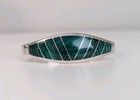 Vintage Mexico Taxco Sterling Silver Malachite Hinged Cuff Bracelet Signed Tj-56