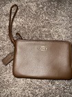 Coach Double Corner Zip Wristlet In Dark Brown Pebble Leather