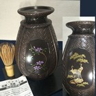 Japanese Bronze Vase 7 8inch Bamboo Weave Design Gilt Pine-crane W lacquer Base